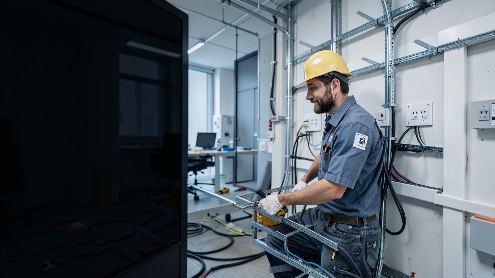 Profissional instalando eletrocalhas e tomadas em escritório