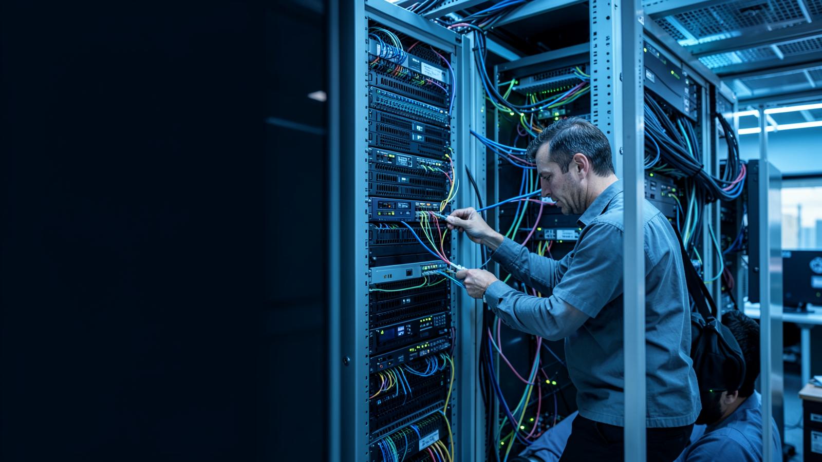 Técnico organizando cabeamento em rack de rede