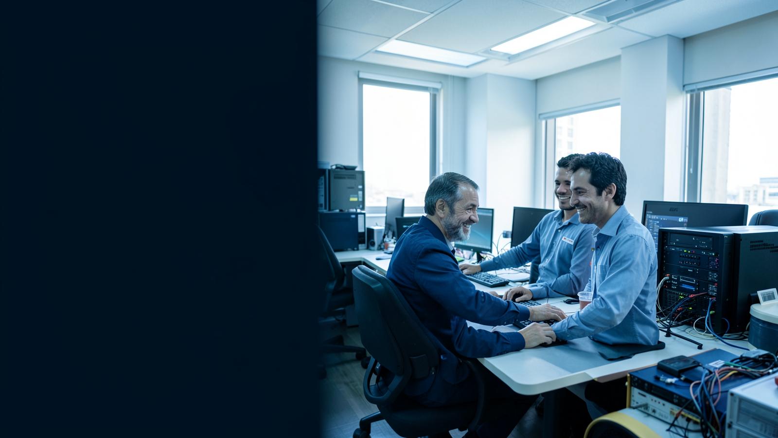 Técnico prestando suporte de informática em um escritório