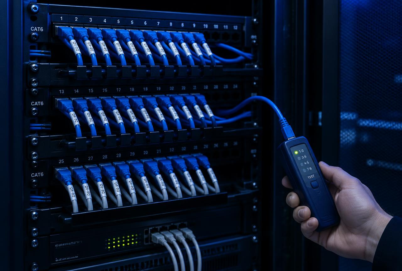 Técnico da ThinkON organizando cabeamento em rack de rede