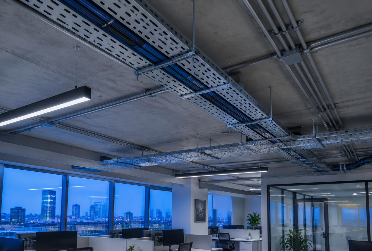 Profissional da ThinkON montando eletrocalhas e infraestrutura em escritório